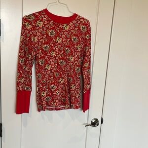Sundance Red Fitted Blouse with Long Sleeves and Embellished Floral Print